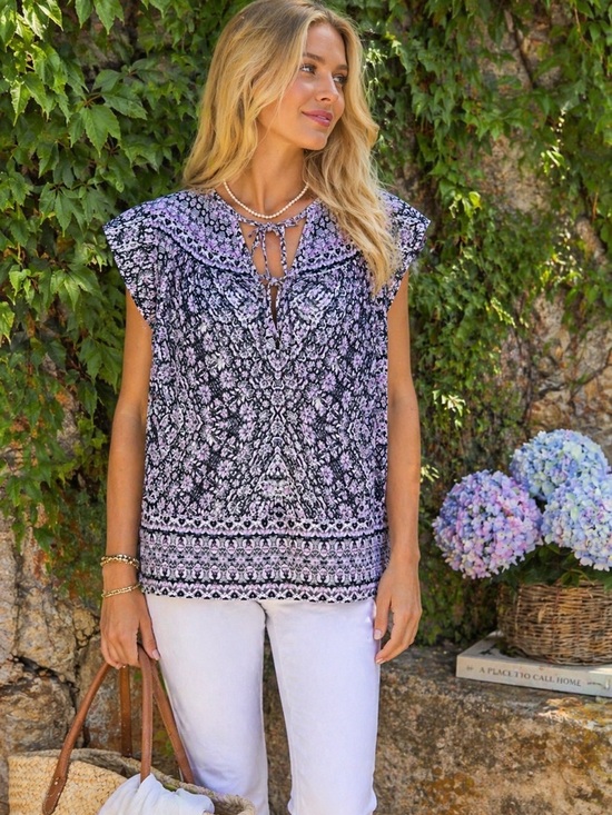 Rebecca Taylor Tops - REBECCA TAYLOR Summer Designer Black and Lilac Double Tie Neck Print Blouse, 12